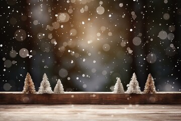 Poster - Small decorative christmas trees placed on a wooden plank with blurred background of snowfall and bokeh effect, creating a warm and festive atmosphere