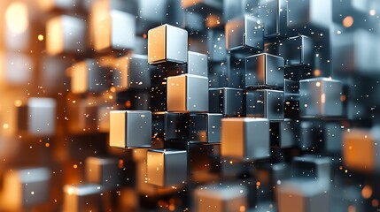 Poster - Abstract 3D rendering of metallic cubes with glowing particles.