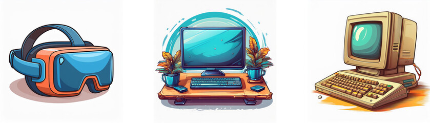 Aufkleber - A vibrant illustration showcases the evolution of computing: VR headset, modern desktop, and vintage computer.  Progress in technology is visually represented.