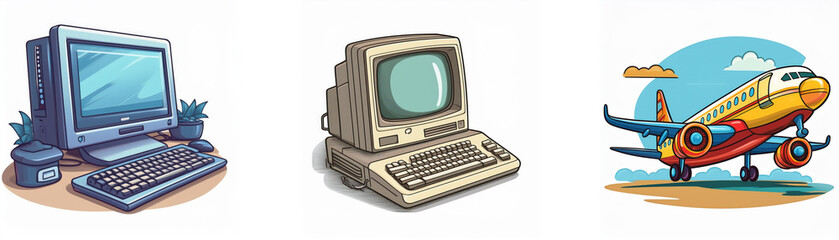 Aufkleber - Retro computer designs alongside a cartoon airplane taking off.  A nostalgic illustration of technology and travel.
