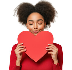 Wall Mural - African american woman smiling with heart symbol in hands image isolated transparent. Lovestruck female cut out photo png. Love, warmth and positivity. Valentines cutout photography