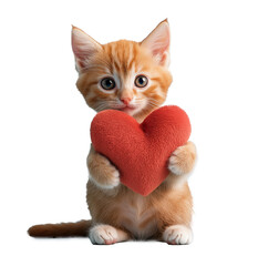 Wall Mural - Sitting ginger kitten holding coral heart pillow with paws image isolated transparent. Animal love. Feline friend cut out photo png. Valentines day. Loving pet cutout photography