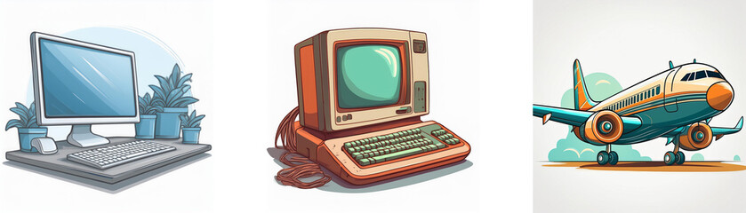 Aufkleber - A desktop computer, vintage PC, and airplane illustration.  Retro technology and travel.