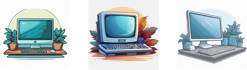 Aufkleber - Three retro computer illustrations, each with potted plants, showcase desktop evolution.