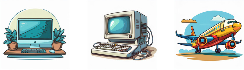 Aufkleber - Retro computer, vintage desktop, and airplane illustration.  A nostalgic digital and travel theme.