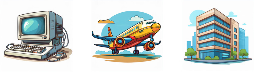 Aufkleber - Retro computer, airplane taking off, and modern office building illustrate technological advancement and travel.