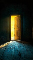 Aufkleber - Golden light spills through an open door, illuminating aged wooden flooring. This captivating doorway beckons adventurers to step into a world full of potential and discovery