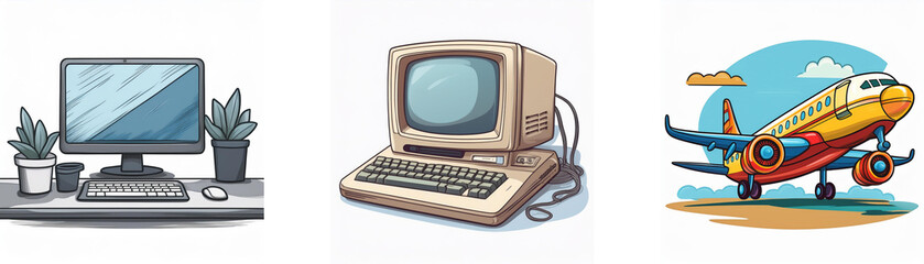 Aufkleber - Illustration showcasing technological evolution: a modern desktop computer, a vintage computer, and an airplane.  Progress in computing and travel.