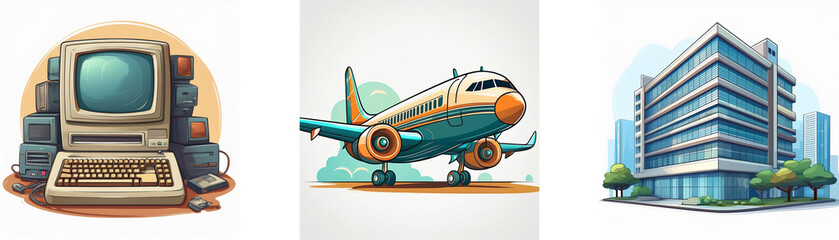 Aufkleber - Retro computer, airplane, and modern building illustrate technological advancement and global connectivity.