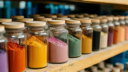 Aufkleber - a collection of vibrant plantbased pigments stored in glass jars on a factory shelf showcasing their