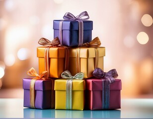 close up of a stack of colorful gifts topped with an elegant bow