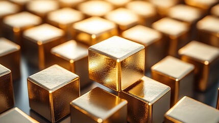 Poster - Golden cubes arranged in a grid pattern, with one cube slightly elevated, creating a sense of depth and hierarchy.