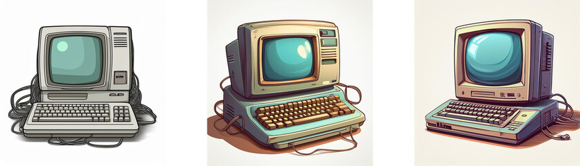 Aufkleber - Three vintage computer illustrations showcase retro technology, each with varying color palettes and styles, highlighting the evolution of personal computing.