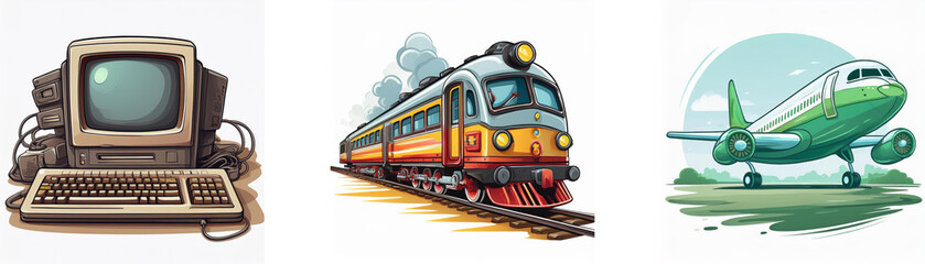 Aufkleber - Retro computer, passenger train, and airplane; illustrating modes of transportation and technology evolution.