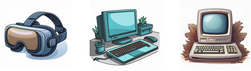 Aufkleber - Evolution of computing: VR headset, modern desktop PC, and vintage computer.  A journey through technological advancements.