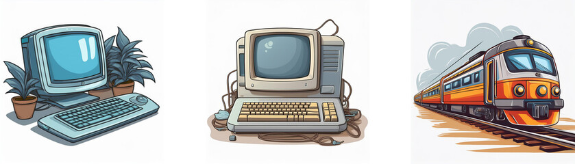 Poster - Retro illustration featuring vintage computers and a train, symbolizing technological evolution and travel.