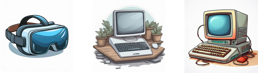 Aufkleber - Evolution of computing: VR headset, vintage desktop computer, and modern laptop showcase technological advancements in personal computing.
