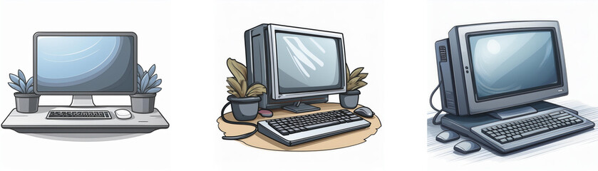 Aufkleber - Three illustrations depict vintage computers;  one all-in-one, one desktop with CRT monitor, and a third tower system.  Each is accompanied by potted plants.