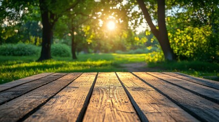 Poster - In a tranquil spring garden, sunlight dances through lush green foliage, casting dreamy bokeh effects while a weathered wooden table invites peaceful moments and quiet reflection