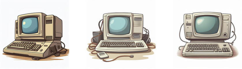 Aufkleber - Three vintage beige computers, featuring CRT monitors and keyboards, represent a nostalgic look at early personal computing technology.  A simple mouse is included.
