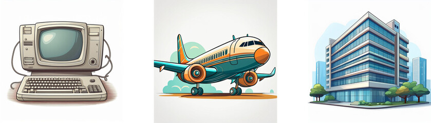 Aufkleber - Retro computer, airplane, and modern office building illustrate technological advancement and travel.