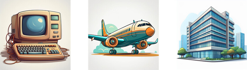 Aufkleber - Retro computer, airplane, and modern building illustrate technological advancement and urban development.