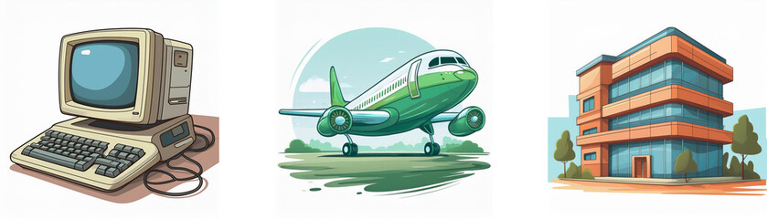 Aufkleber - Retro computer, airplane, and modern building illustration.  A colorful depiction of technology, travel, and architecture.