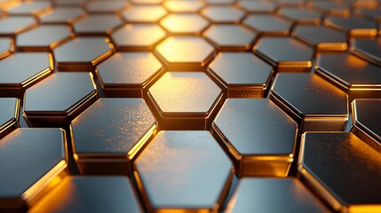 Poster - Abstract metallic honeycomb pattern with golden light.