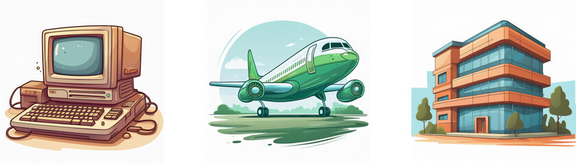 Aufkleber - Retro computer, airplane taking off, and modern building illustration.  A nostalgic and futuristic tech scene.