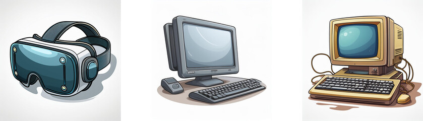 Aufkleber - Evolution of computing: VR headset, modern desktop, and vintage computer.  A journey through technology.