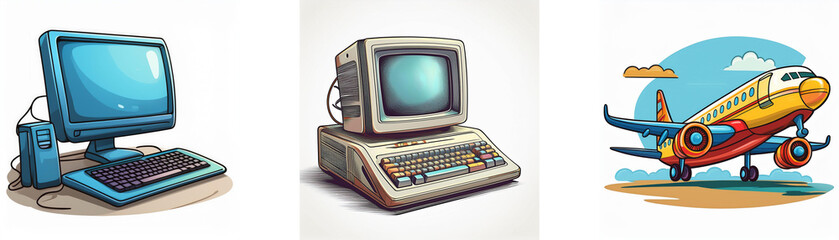 Aufkleber - Retro illustration featuring vintage computers and a cartoon airplane, suggesting themes of technology and travel from a bygone era.