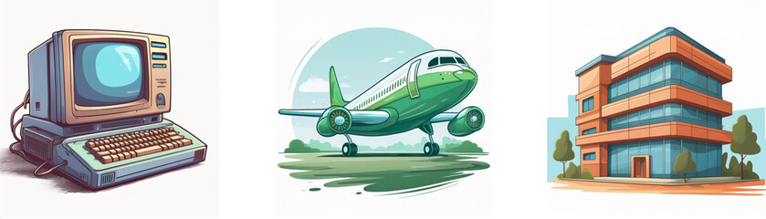 Aufkleber - Retro computer, airplane taking off, modern building illustration.  A nostalgic and futuristic scene.