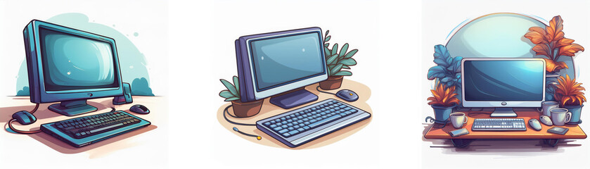 Poster - Three retro computer setups;  each features a CRT monitor, keyboard, mouse, and potted plants.  A nostalgic digital illustration.