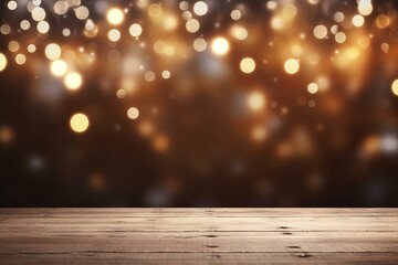 Poster - Wooden table illuminating by festive golden bokeh lights creating a magical christmas atmosphere