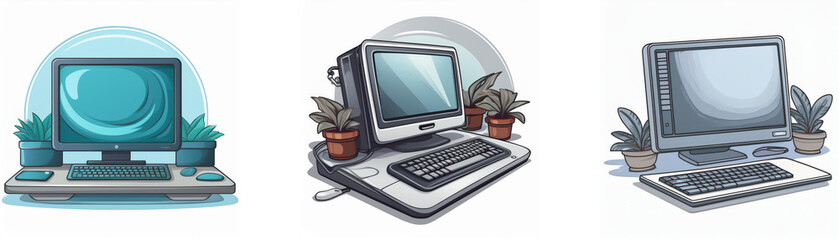Aufkleber - Illustration of three vintage computers, each with potted plants nearby, evoking a retro computing aesthetic.