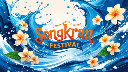 Watercolor illustration for the songkran festival with blue water splashes.