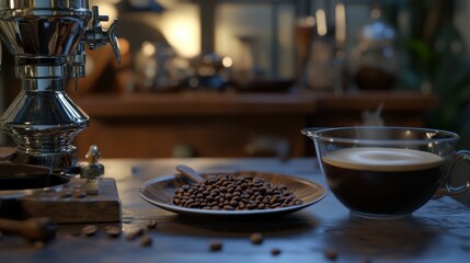 Wall Mural - A cozy coffee preparation scene showcasing freshly brewed coffee and roasted beans in a warm kitchen