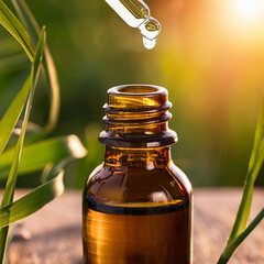 Wall Mural - Close-up Amber glass bottle on a wooden table, around lemongrass Cymbopogon citratus oil essential, glass pipette, nature, aromatherapy, aromaterapia, óleo essencial, capim limão