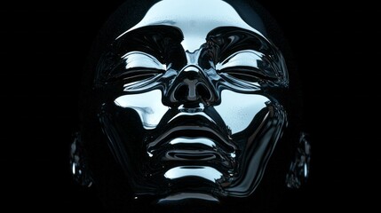 Poster - A striking metallic humanoid face emerges against a dark backdrop, embodying innovation and creativity. Its smooth contours and reflective surface evoke a sense of futuristic allure