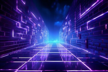 Poster - Glowing neon lights create a vibrant path in futuristic corridor with brick walls, showcasing a mesmerizing blend of classic architecture and cutting edge technology