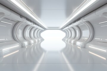 Poster - empty white spaceship corridor with glowing lights leading to a bright window