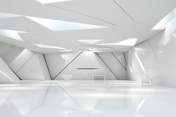 Poster - Abstract white interior with geometric ceiling and walls, creating a futuristic and minimalist space