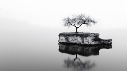 Poster - A solitary tree stands on a rocky outcrop, reflecting on still water, creating a serene and minimalist landscape