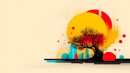 Poster - A vibrant fusion of nature and urban elements, featuring a silhouette of a tree against a colorful backdrop of sun and abstract shapes