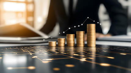 Poster - A visual representation of financial growth with stacked coins and a digital graph, symbolizing investment and economic progress