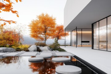 Poster - A flat design of a Zen courtyard with a koi pond and stepping stones, using minimal detail and a modern aesthetic in soft neutral colors