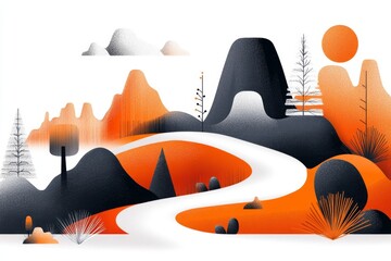 Aufkleber - A flat vector design of a winding trail in Zion, with simple shapes of canyon walls and bright greens representing the trees and vegetation