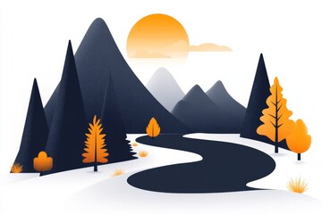 Aufkleber - A flat vector design of a winding trail in Zion, with simple shapes of canyon walls and bright greens representing the trees and vegetation