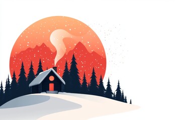Poster - A flat vector illustration of a log cabin surrounded by pine trees, with smoke curling from the chimney, set on a snowy white background