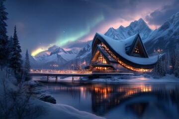 Poster - A futuristic Yukon scene with a domed city nestled in the wilderness, surrounded by snow-capped mountains and a glowing Northern Lights sky, blending advanced technology with nature